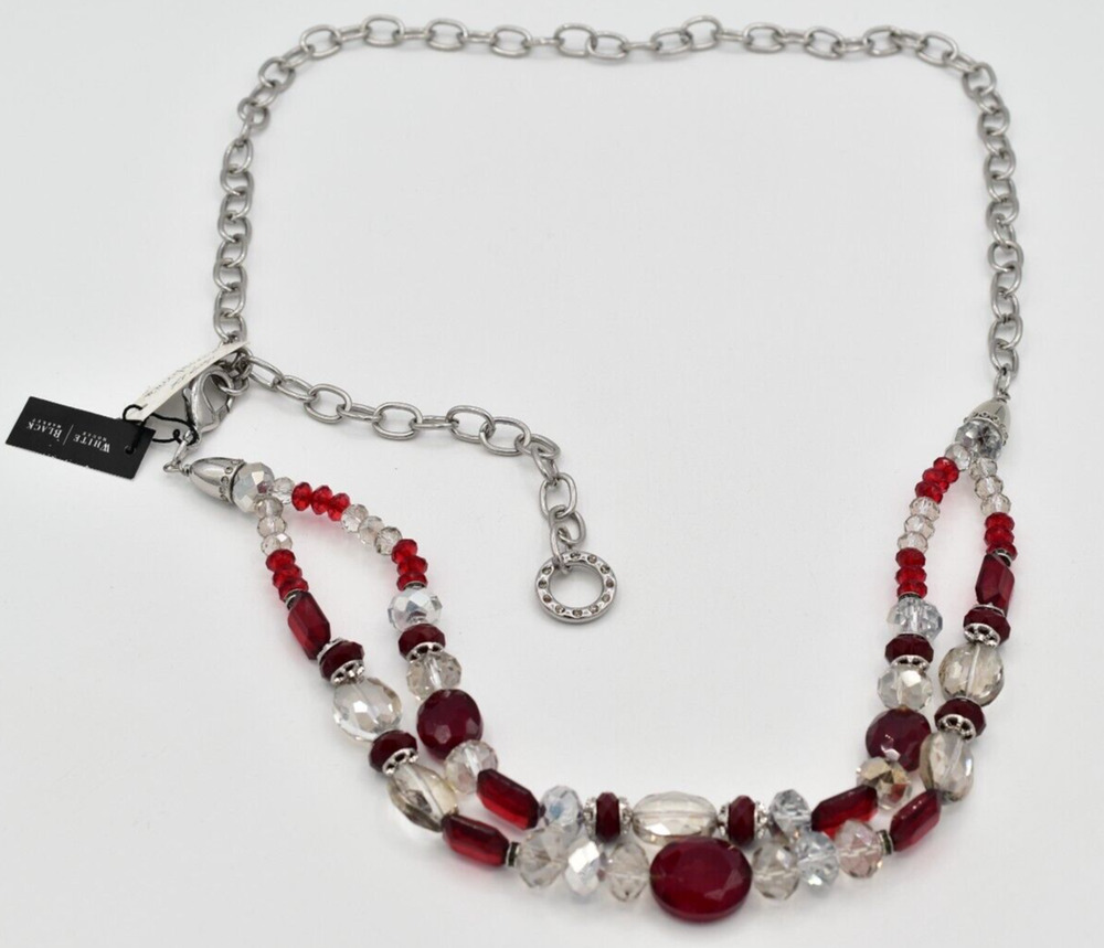 White House Black Market M/L Crystal Chain Belt Red White Beaded Silver NWT